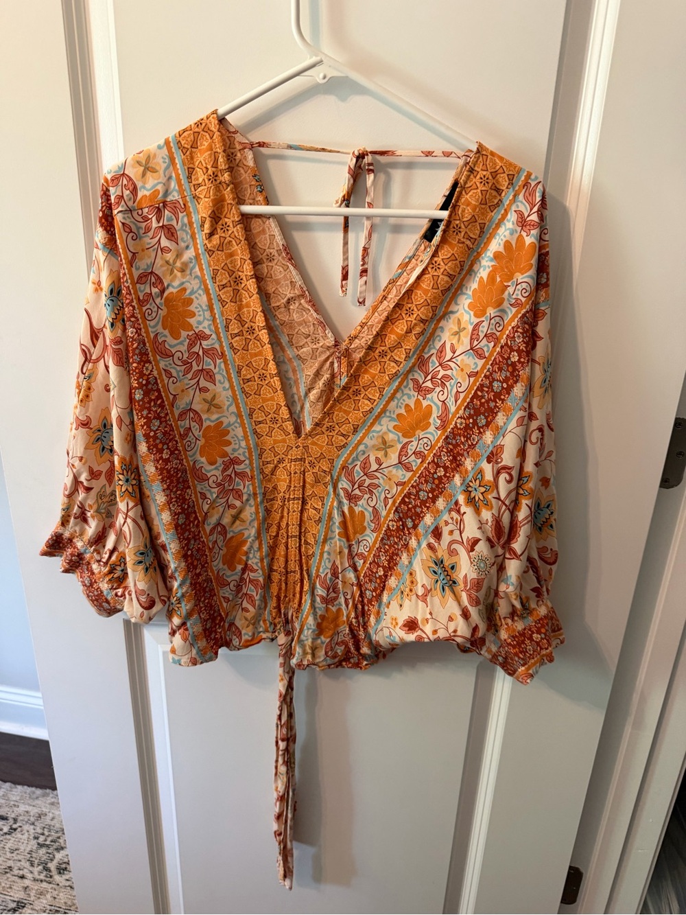 Boho V-Neck Floral Tie-Front Top in Mustard Orange